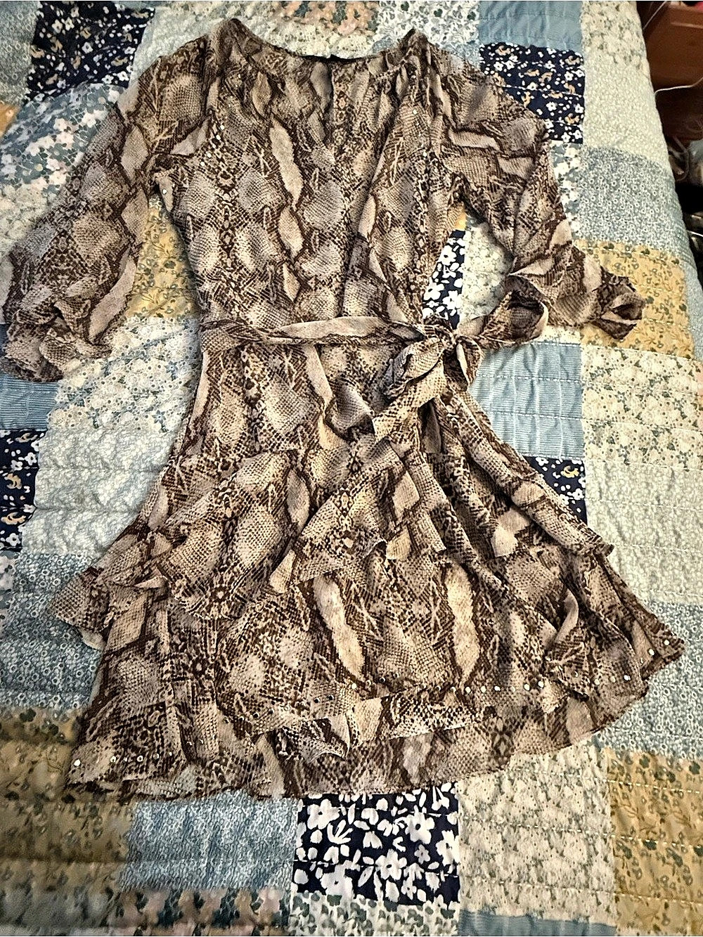 White House Black Market Snakeskin Print Studded Ruffle Mini Dress XS Like New